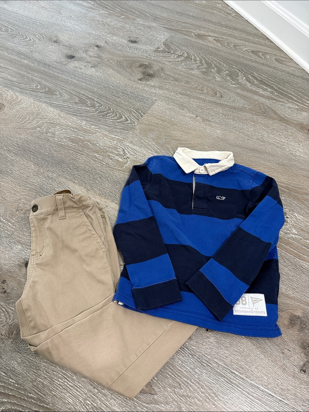 Vineyard Vines Boys Blue & Navy Rugby Polo with Khaki Pants